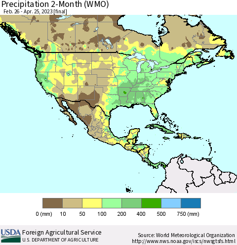 North America Precipitation 2-Month (WMO) Thematic Map For 2/26/2023 - 4/25/2023