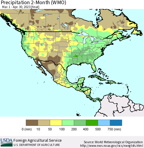 North America Precipitation 2-Month (WMO) Thematic Map For 3/1/2023 - 4/30/2023