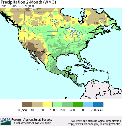 North America Precipitation 2-Month (WMO) Thematic Map For 4/11/2023 - 6/10/2023