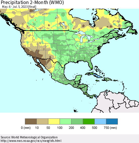 North America Precipitation 2-Month (WMO) Thematic Map For 5/6/2023 - 7/5/2023