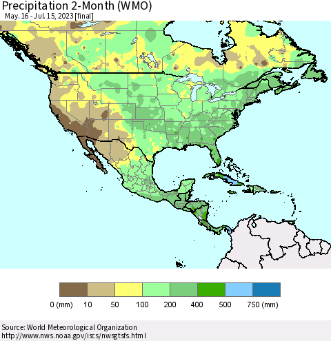 North America Precipitation 2-Month (WMO) Thematic Map For 5/16/2023 - 7/15/2023