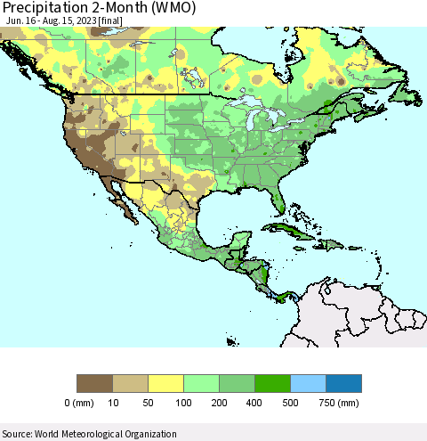 North America Precipitation 2-Month (WMO) Thematic Map For 6/16/2023 - 8/15/2023