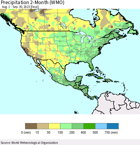 North America Precipitation 2-Month (WMO) Thematic Map For 8/1/2023 - 9/30/2023