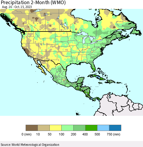 North America Precipitation 2-Month (WMO) Thematic Map For 8/16/2023 - 10/15/2023