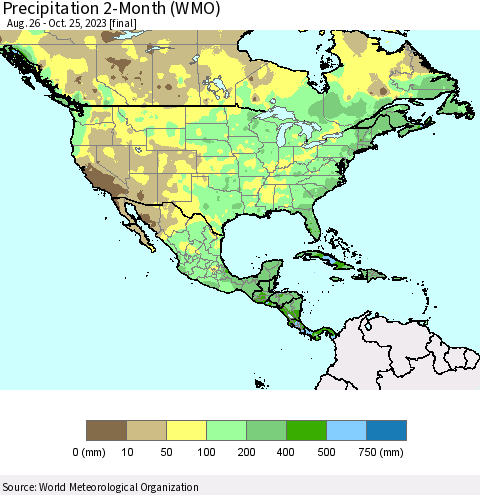 North America Precipitation 2-Month (WMO) Thematic Map For 8/26/2023 - 10/25/2023