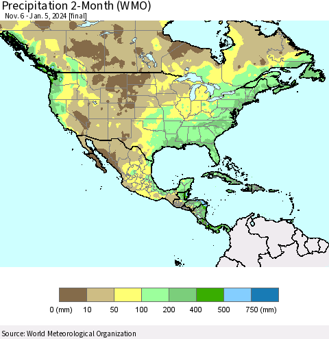 North America Precipitation 2-Month (WMO) Thematic Map For 11/6/2023 - 1/5/2024