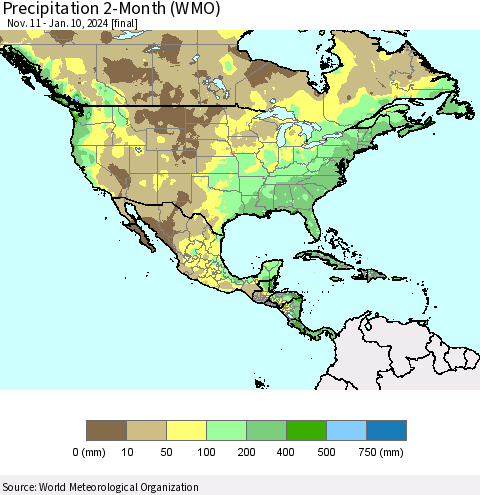 North America Precipitation 2-Month (WMO) Thematic Map For 11/11/2023 - 1/10/2024