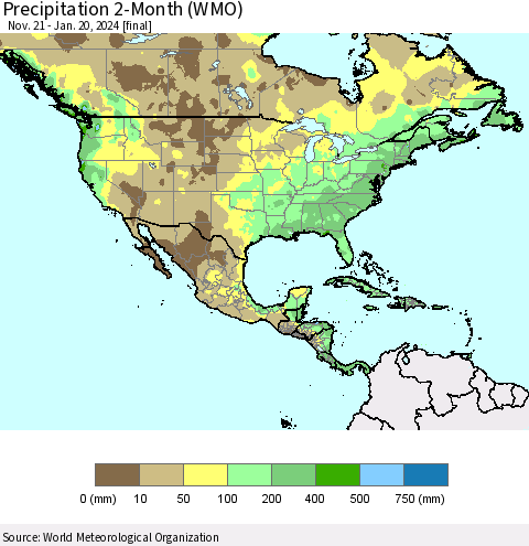North America Precipitation 2-Month (WMO) Thematic Map For 11/21/2023 - 1/20/2024