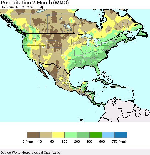 North America Precipitation 2-Month (WMO) Thematic Map For 11/26/2023 - 1/25/2024
