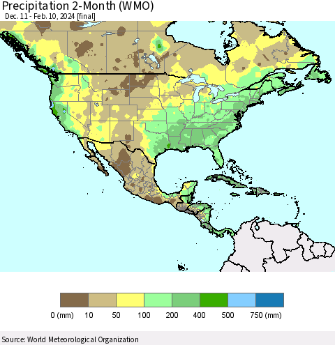 North America Precipitation 2-Month (WMO) Thematic Map For 12/11/2023 - 2/10/2024