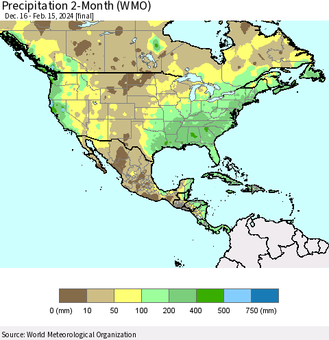 North America Precipitation 2-Month (WMO) Thematic Map For 12/16/2023 - 2/15/2024