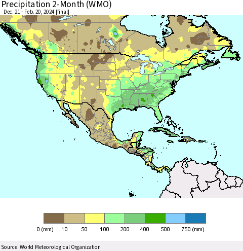 North America Precipitation 2-Month (WMO) Thematic Map For 12/21/2023 - 2/20/2024