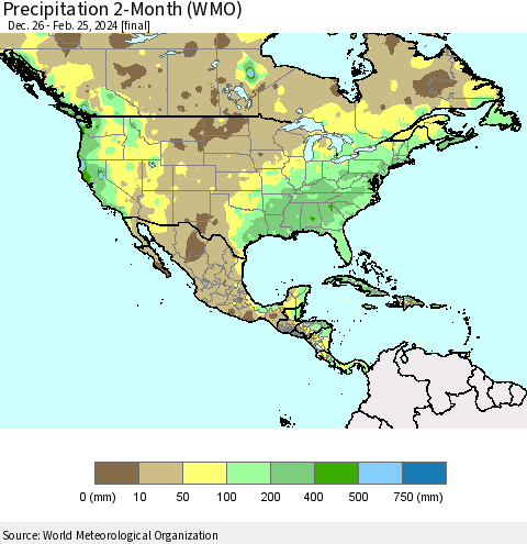 North America Precipitation 2-Month (WMO) Thematic Map For 12/26/2023 - 2/25/2024