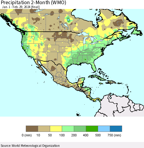 North America Precipitation 2-Month (WMO) Thematic Map For 1/1/2024 - 2/29/2024