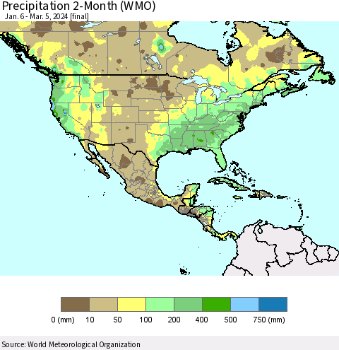 North America Precipitation 2-Month (WMO) Thematic Map For 1/6/2024 - 3/5/2024