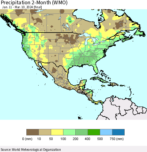 North America Precipitation 2-Month (WMO) Thematic Map For 1/11/2024 - 3/10/2024