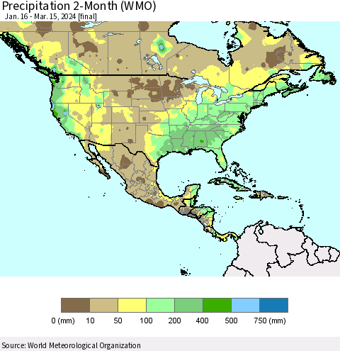 North America Precipitation 2-Month (WMO) Thematic Map For 1/16/2024 - 3/15/2024