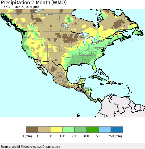 North America Precipitation 2-Month (WMO) Thematic Map For 1/21/2024 - 3/20/2024