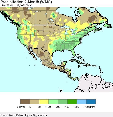 North America Precipitation 2-Month (WMO) Thematic Map For 1/26/2024 - 3/25/2024