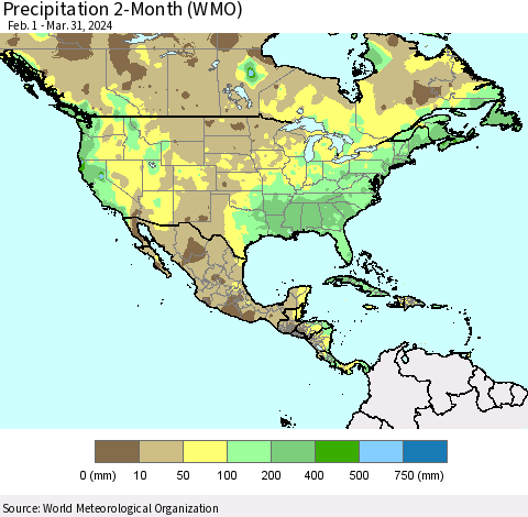North America Precipitation 2-Month (WMO) Thematic Map For 2/1/2024 - 3/31/2024