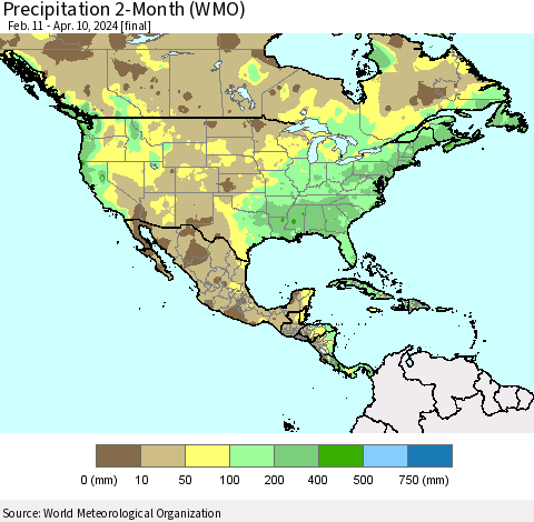 North America Precipitation 2-Month (WMO) Thematic Map For 2/11/2024 - 4/10/2024
