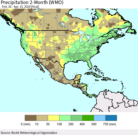 North America Precipitation 2-Month (WMO) Thematic Map For 2/16/2024 - 4/15/2024