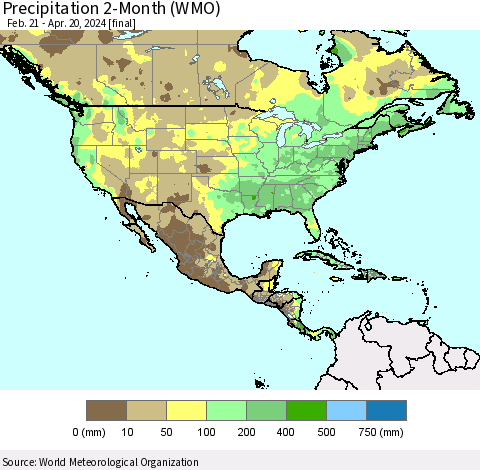 North America Precipitation 2-Month (WMO) Thematic Map For 2/21/2024 - 4/20/2024