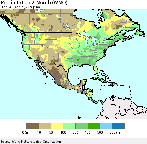 North America Precipitation 2-Month (WMO) Thematic Map For 2/26/2024 - 4/25/2024