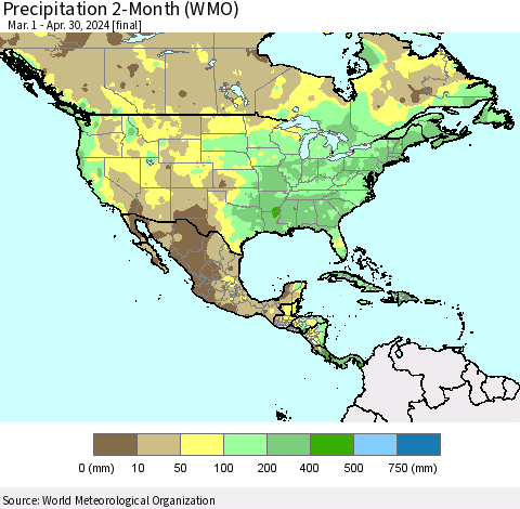 North America Precipitation 2-Month (WMO) Thematic Map For 3/1/2024 - 4/30/2024