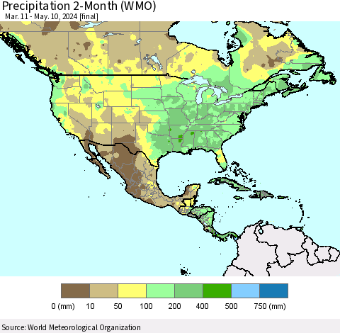 North America Precipitation 2-Month (WMO) Thematic Map For 3/11/2024 - 5/10/2024