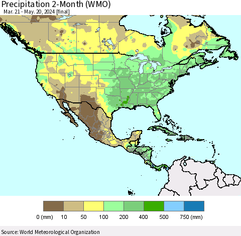North America Precipitation 2-Month (WMO) Thematic Map For 3/21/2024 - 5/20/2024