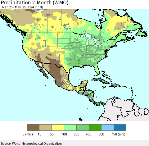 North America Precipitation 2-Month (WMO) Thematic Map For 3/26/2024 - 5/25/2024