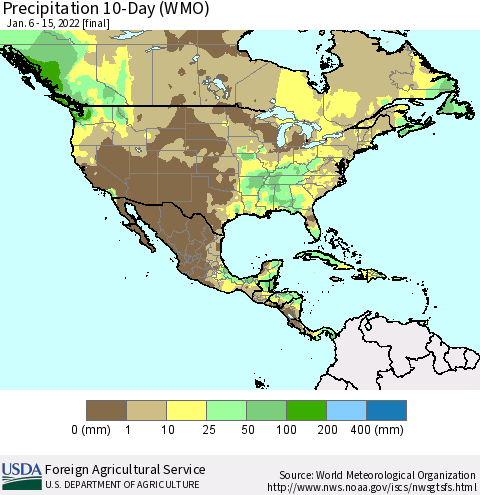 North America Precipitation 10-Day (WMO) Thematic Map For 1/6/2022 - 1/15/2022