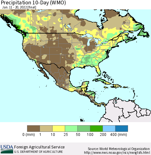 North America Precipitation 10-Day (WMO) Thematic Map For 1/11/2022 - 1/20/2022
