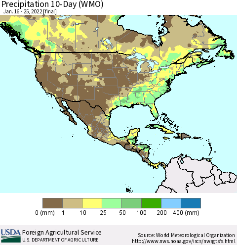 North America Precipitation 10-Day (WMO) Thematic Map For 1/16/2022 - 1/25/2022