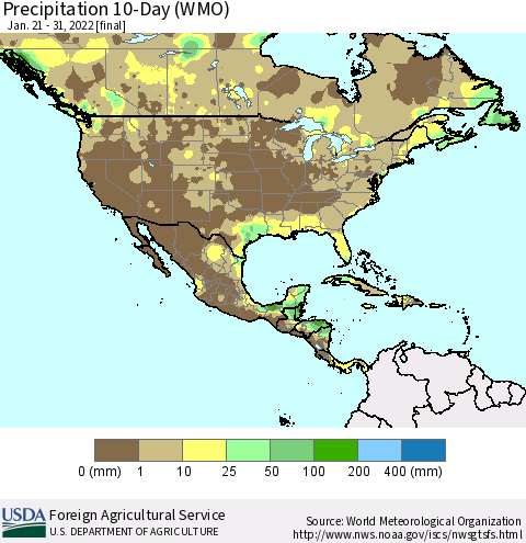 North America Precipitation 10-Day (WMO) Thematic Map For 1/21/2022 - 1/31/2022