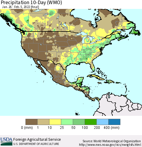 North America Precipitation 10-Day (WMO) Thematic Map For 1/26/2022 - 2/5/2022