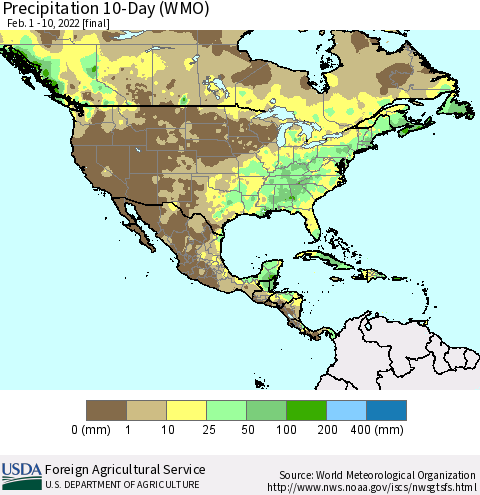 North America Precipitation 10-Day (WMO) Thematic Map For 2/1/2022 - 2/10/2022