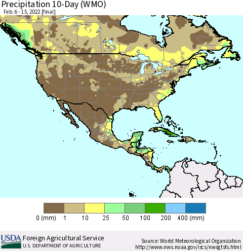 North America Precipitation 10-Day (WMO) Thematic Map For 2/6/2022 - 2/15/2022
