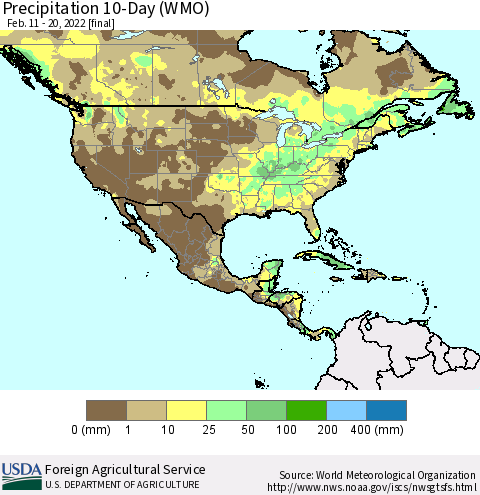 North America Precipitation 10-Day (WMO) Thematic Map For 2/11/2022 - 2/20/2022