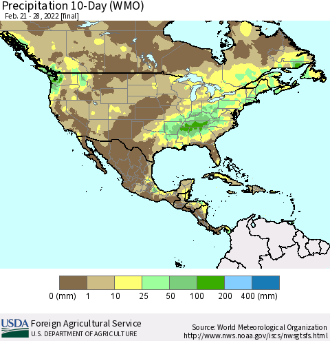 North America Precipitation 10-Day (WMO) Thematic Map For 2/21/2022 - 2/28/2022