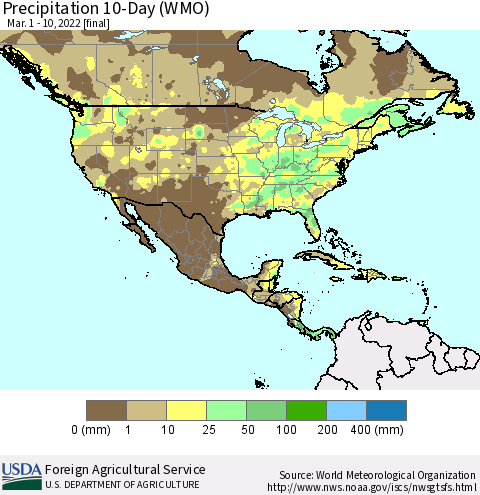 North America Precipitation 10-Day (WMO) Thematic Map For 3/1/2022 - 3/10/2022