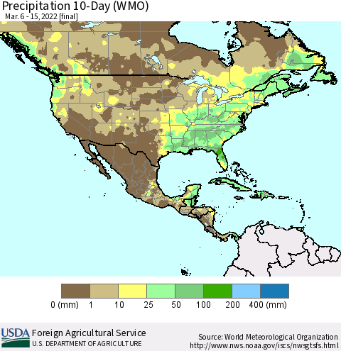 North America Precipitation 10-Day (WMO) Thematic Map For 3/6/2022 - 3/15/2022
