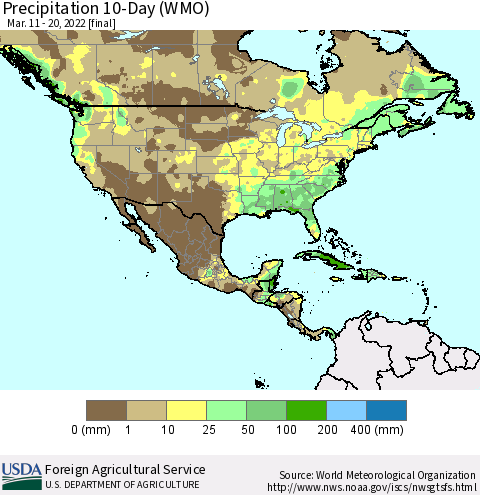 North America Precipitation 10-Day (WMO) Thematic Map For 3/11/2022 - 3/20/2022
