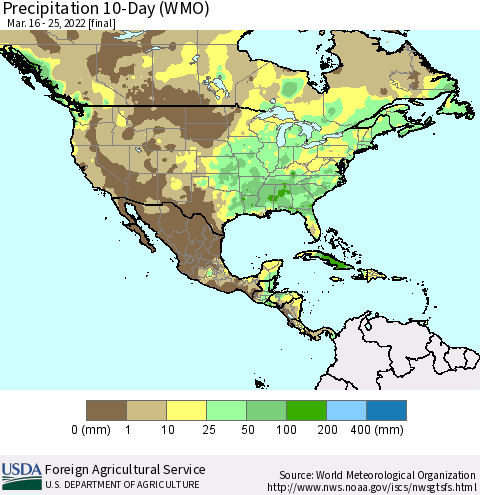 North America Precipitation 10-Day (WMO) Thematic Map For 3/16/2022 - 3/25/2022