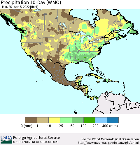 North America Precipitation 10-Day (WMO) Thematic Map For 3/26/2022 - 4/5/2022