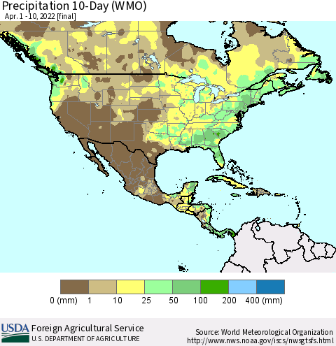 North America Precipitation 10-Day (WMO) Thematic Map For 4/1/2022 - 4/10/2022