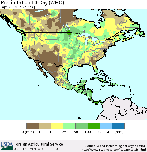 North America Precipitation 10-Day (WMO) Thematic Map For 4/21/2022 - 4/30/2022