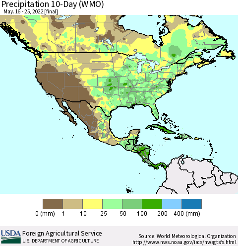 North America Precipitation 10-Day (WMO) Thematic Map For 5/16/2022 - 5/25/2022