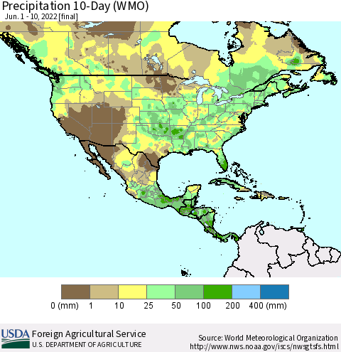 North America Precipitation 10-Day (WMO) Thematic Map For 6/1/2022 - 6/10/2022